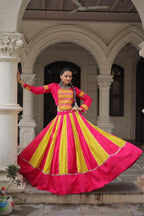 Women's Roman Silk Navratri Lehenga Choli with Gamthi Embroidery and Mirror Lace for Garba & Dandiya Festival Wear