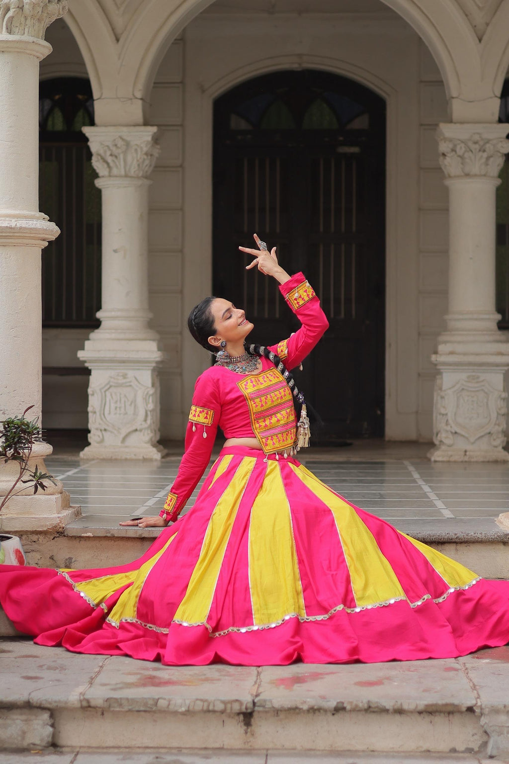Women's Roman Silk Navratri Lehenga Choli with Gamthi Embroidery and Mirror Lace for Garba & Dandiya Festival Wear