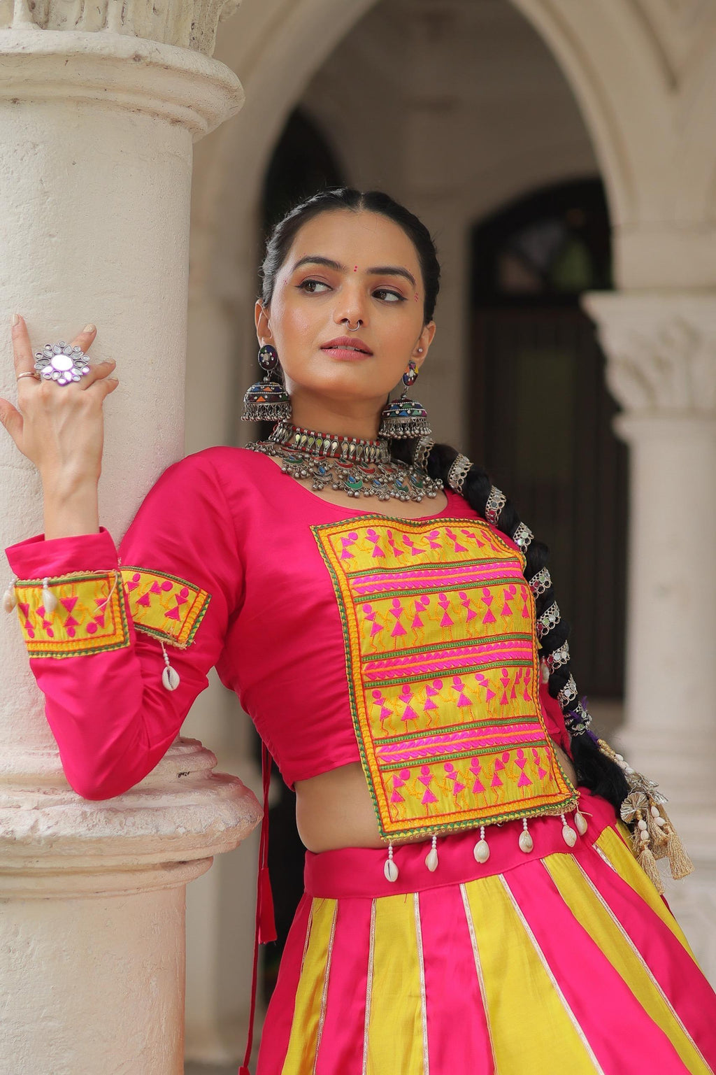 Women's Roman Silk Navratri Lehenga Choli with Gamthi Embroidery and Mirror Lace for Garba & Dandiya Festival Wear