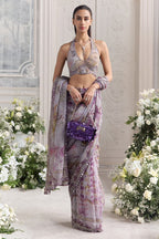 Lilac Silk Organza Sequins, Lina Floral Print Pre - Draped Saree And Blouse Set