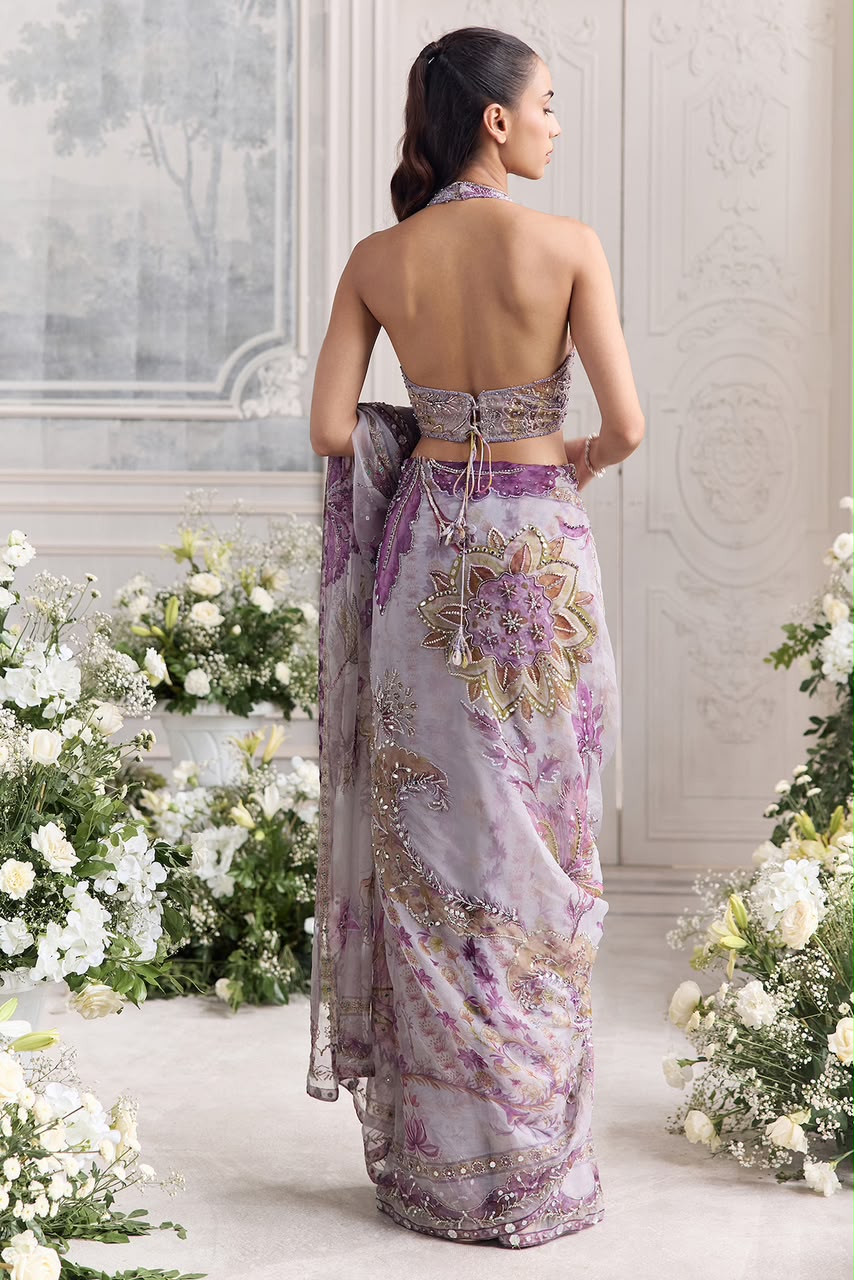 Lilac Silk Organza Sequins, Lina Floral Print Pre - Draped Saree And Blouse Set
