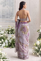 Lilac Silk Organza Sequins, Lina Floral Print Pre - Draped Saree And Blouse Set