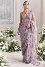 Lilac Silk Organza Sequins, Lina Floral Print Pre - Draped Saree And Blouse Set