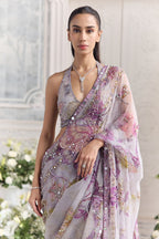 Lilac Silk Organza Sequins, Lina Floral Print Pre - Draped Saree And Blouse Set