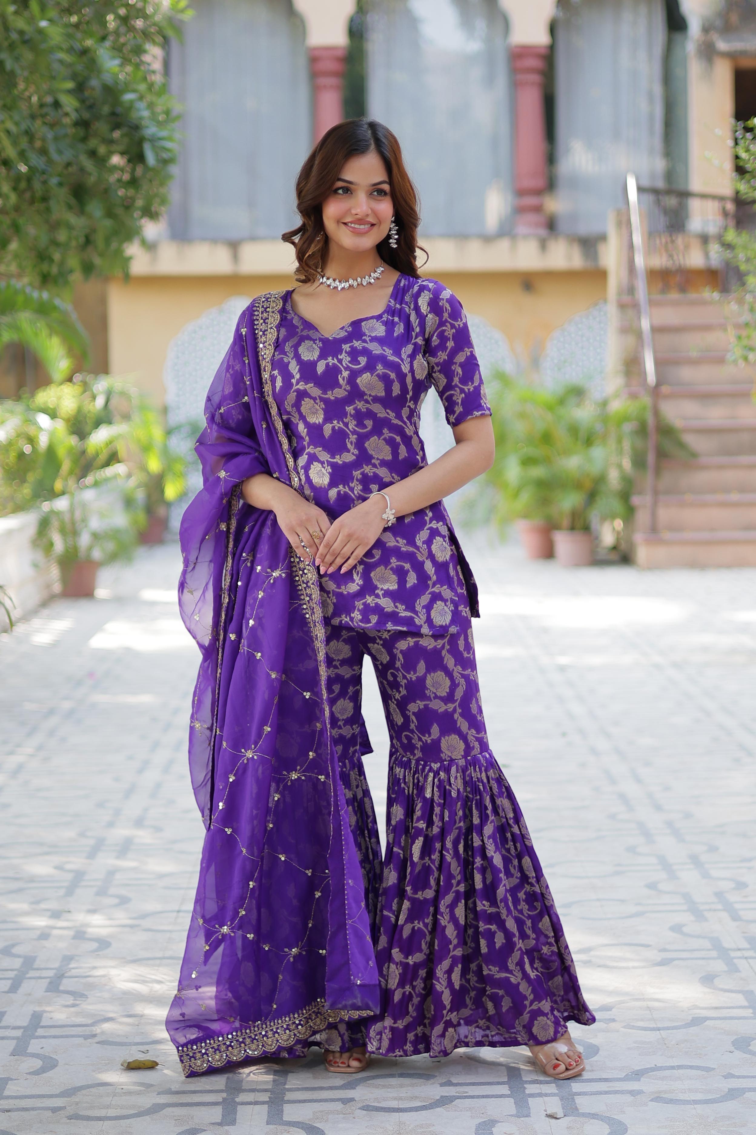 Premium Purple Jacquard Gharara Suit Set with Embroidered Dupatta