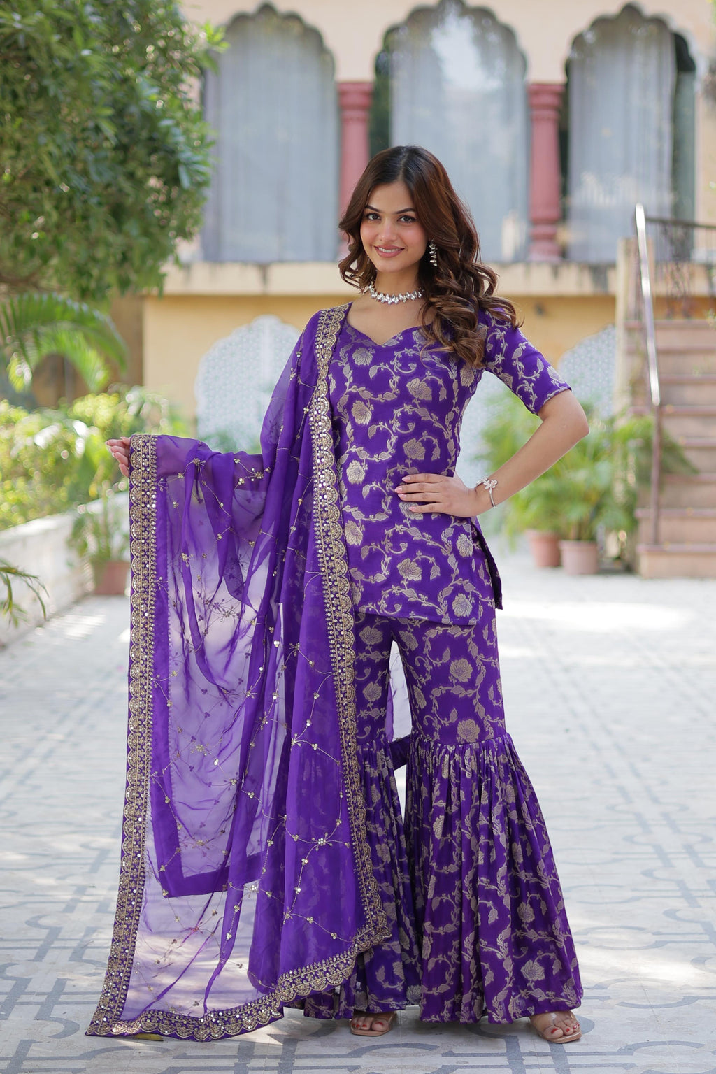 Premium Purple Jacquard Gharara Suit Set with Embroidered Dupatta