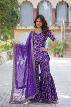 Premium Purple Jacquard Gharara Suit Set with Embroidered Dupatta