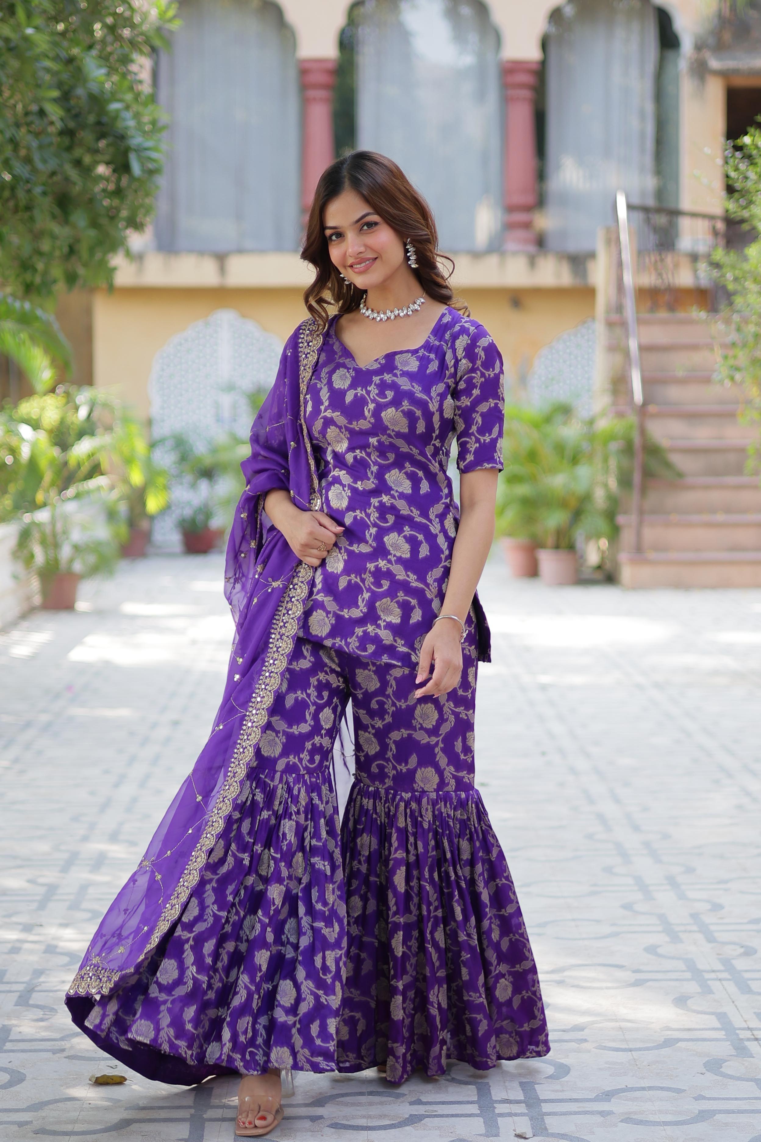 Premium Purple Jacquard Gharara Suit Set with Embroidered Dupatta