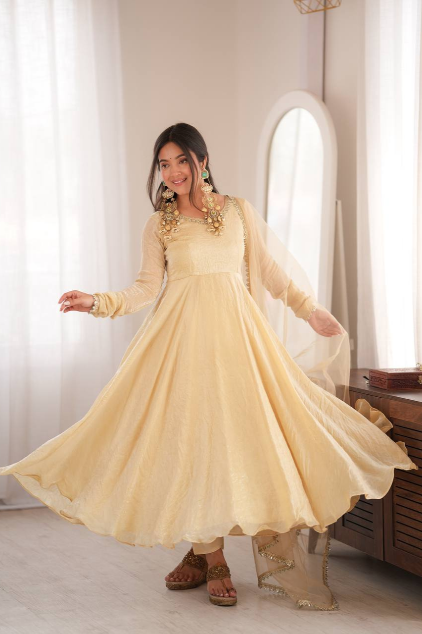 Cream Doremon Crush Anarkali Suit Set with 7 Meter Flair And Real Mirror Work