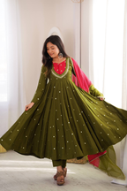 Raksha Bandhan Special Embroidered Anarkali Suit Set with Real Mirror Work