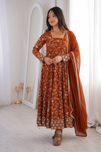 Party Wear Rust Embroidered Anarkali Suit Set