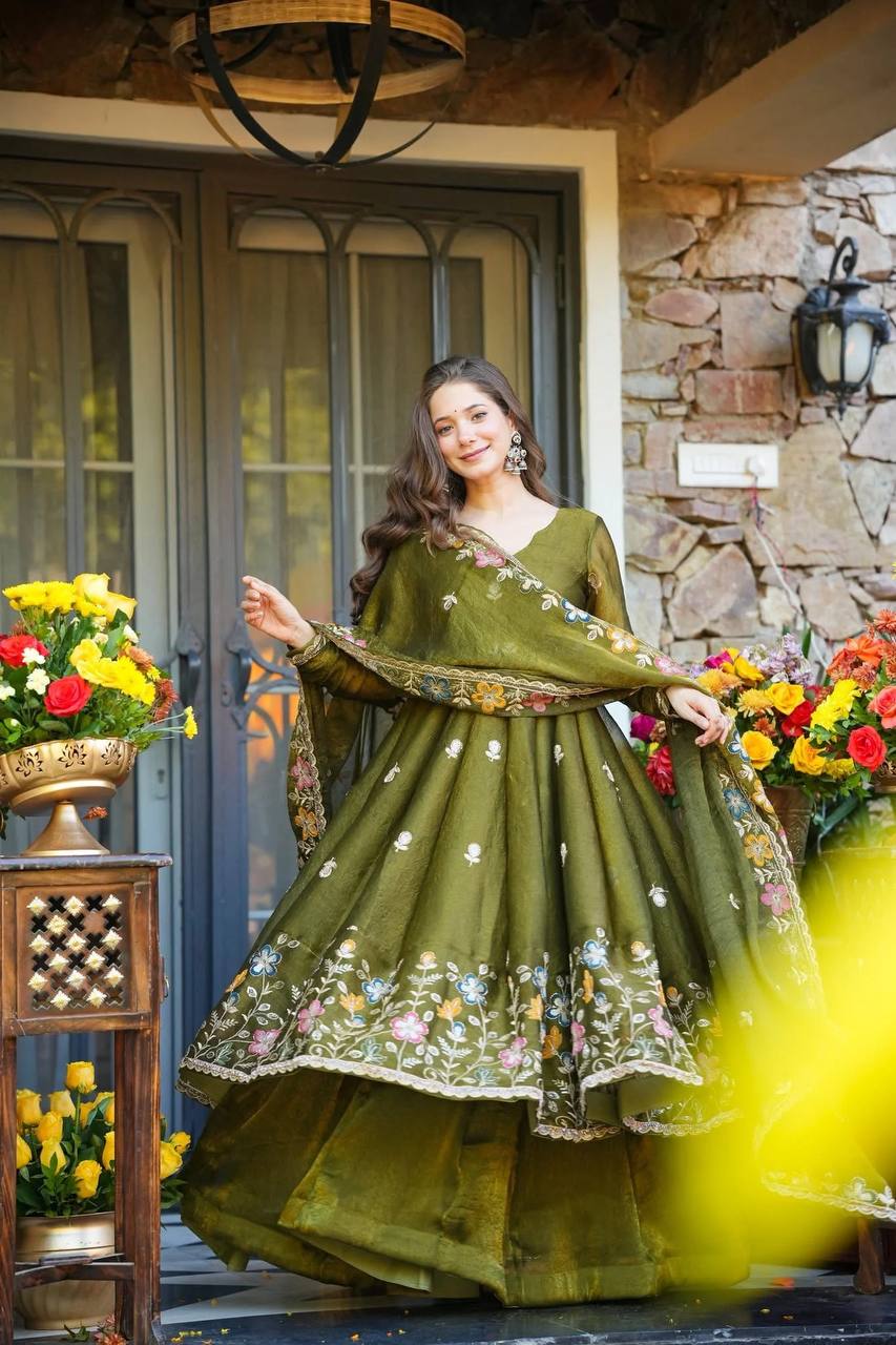 Premium Olive Green Embroidered Anarkali Suit Set with Sharara And Dupatta