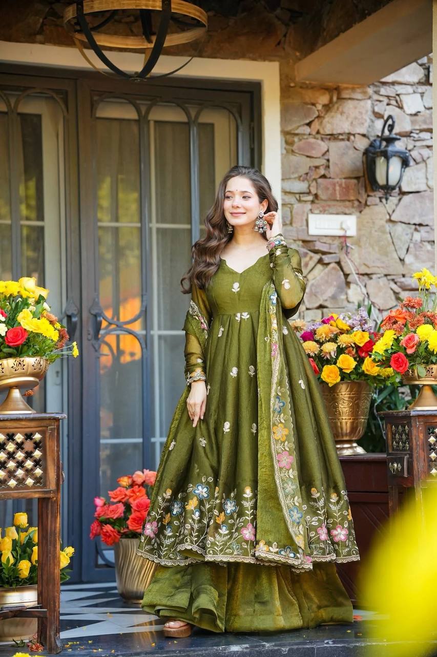 Premium Olive Green Embroidered Anarkali Suit Set with Sharara And Dupatta