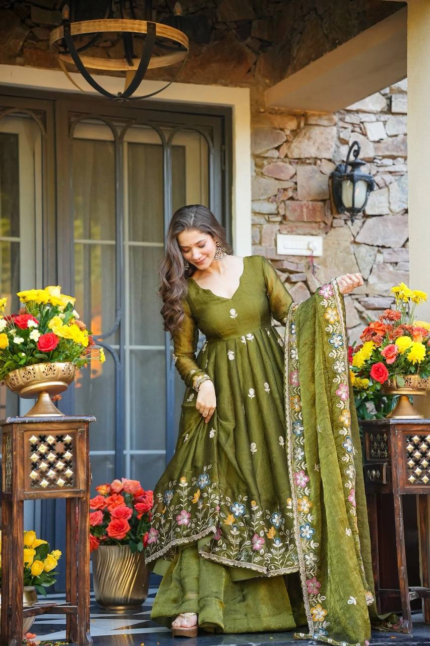 Premium Olive Green Embroidered Anarkali Suit Set with Sharara And Dupatta
