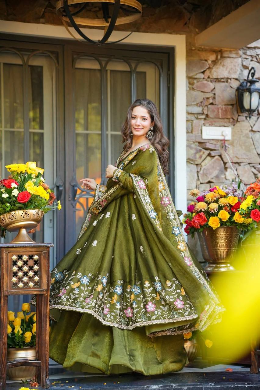 Premium Olive Green Embroidered Anarkali Suit Set with Sharara And Dupatta