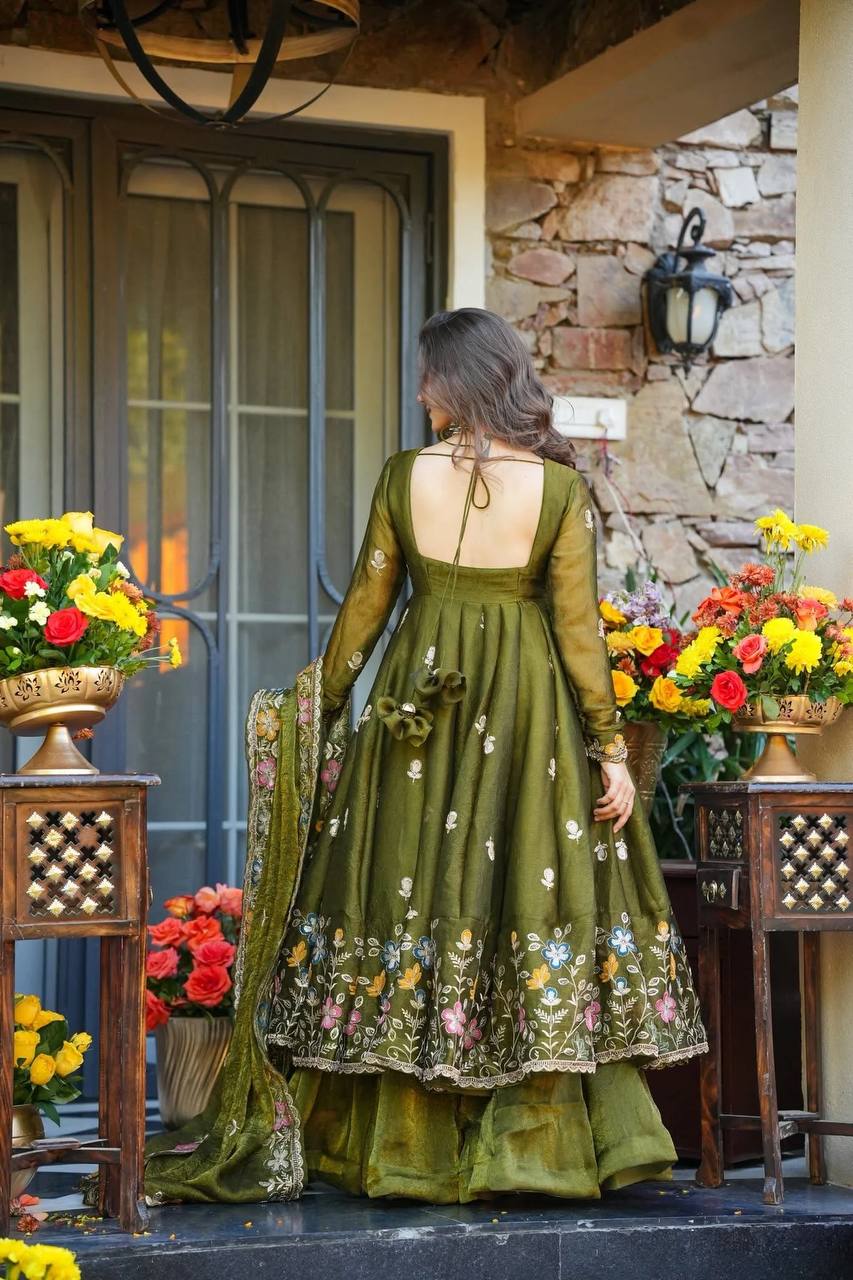Premium Olive Green Embroidered Anarkali Suit Set with Sharara And Dupatta