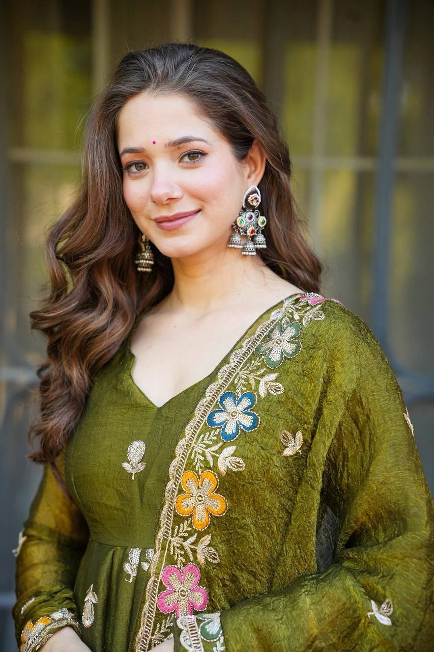 Premium Olive Green Embroidered Anarkali Suit Set with Sharara And Dupatta