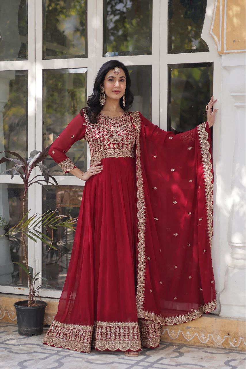 Premium Faux Blooming Embroidered Gown With Dupatta Set