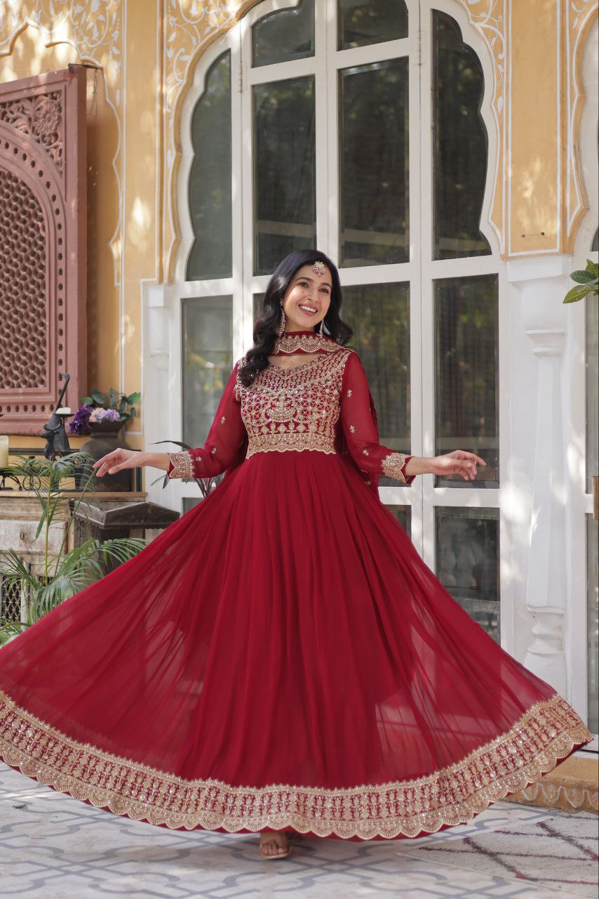 Premium Faux Blooming Embroidered Gown With Dupatta Set