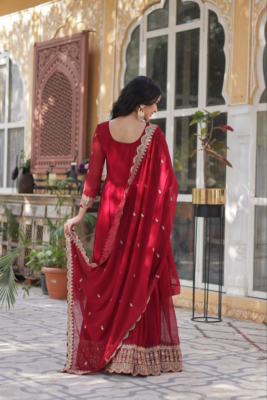 Premium Faux Blooming Embroidered Gown With Dupatta Set