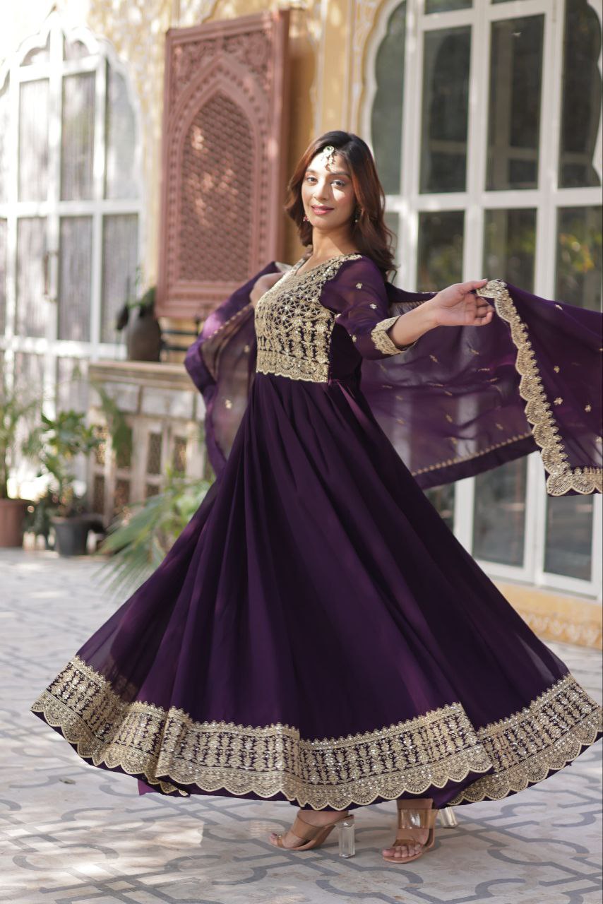 Premium Faux Blooming Embroidered Gown With Dupatta Set