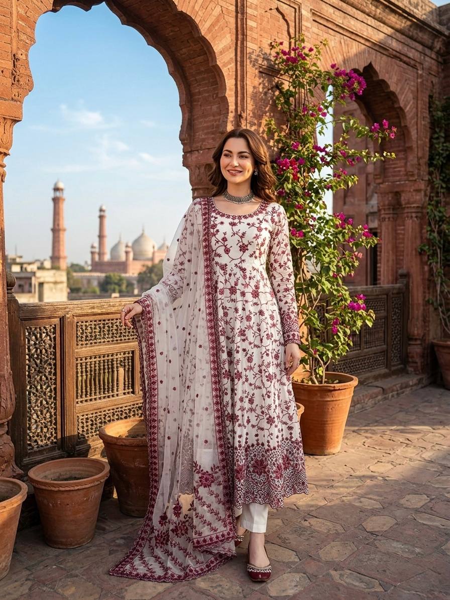 Premium Embroidered Faux Georgette Anarkali Suit Set with Dupatta