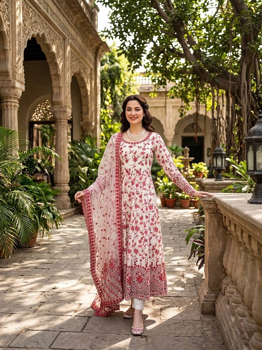 Premium Embroidered Faux Georgette Anarkali Suit Set with Dupatta
