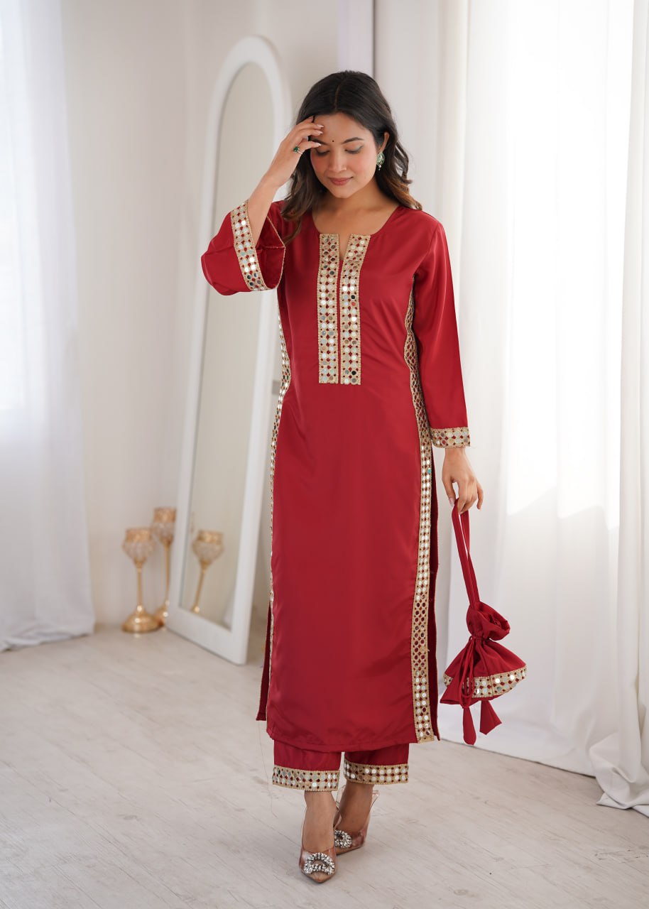 Premium Mirror Work Kurti Pant Set with Batwa | Festive Wear Outfit