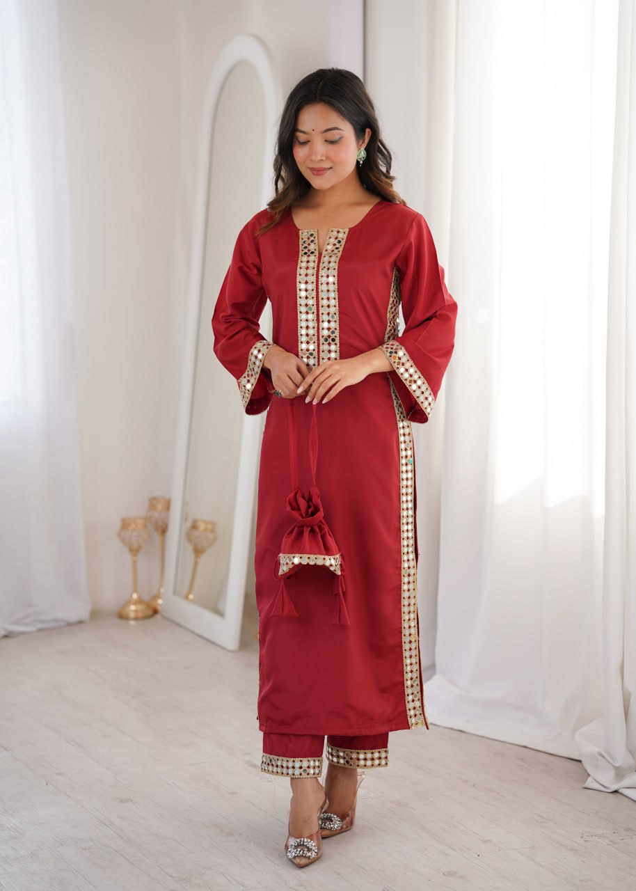 Premium Mirror Work Kurti Pant Set with Batwa | Festive Wear Outfit