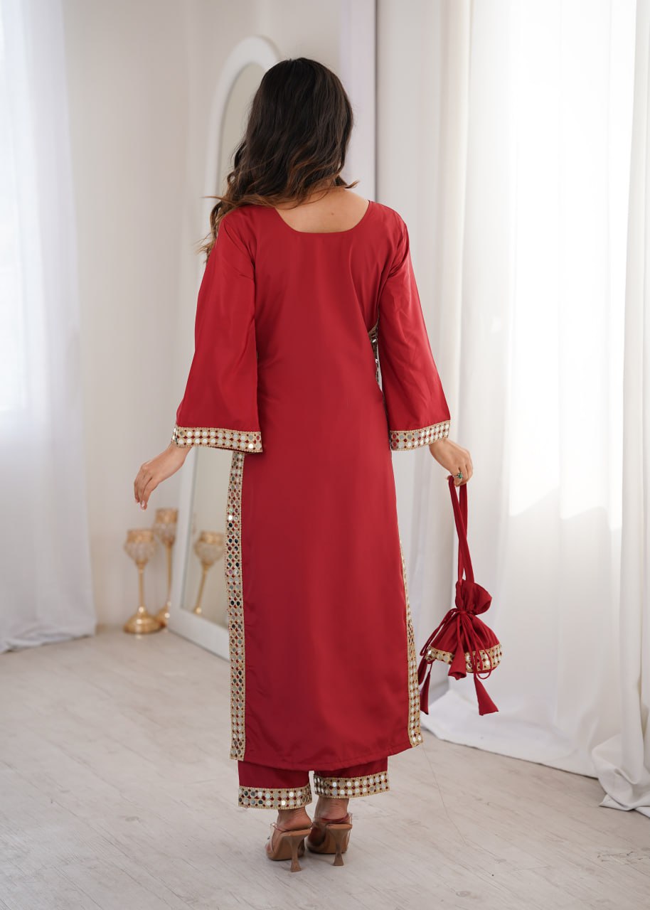 Premium Mirror Work Kurti Pant Set with Batwa | Festive Wear Outfit