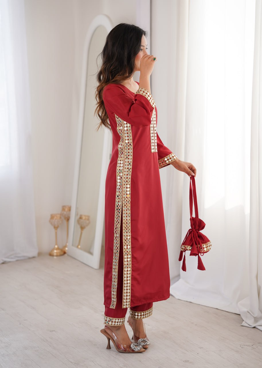 Premium Mirror Work Kurti Pant Set with Batwa | Festive Wear Outfit