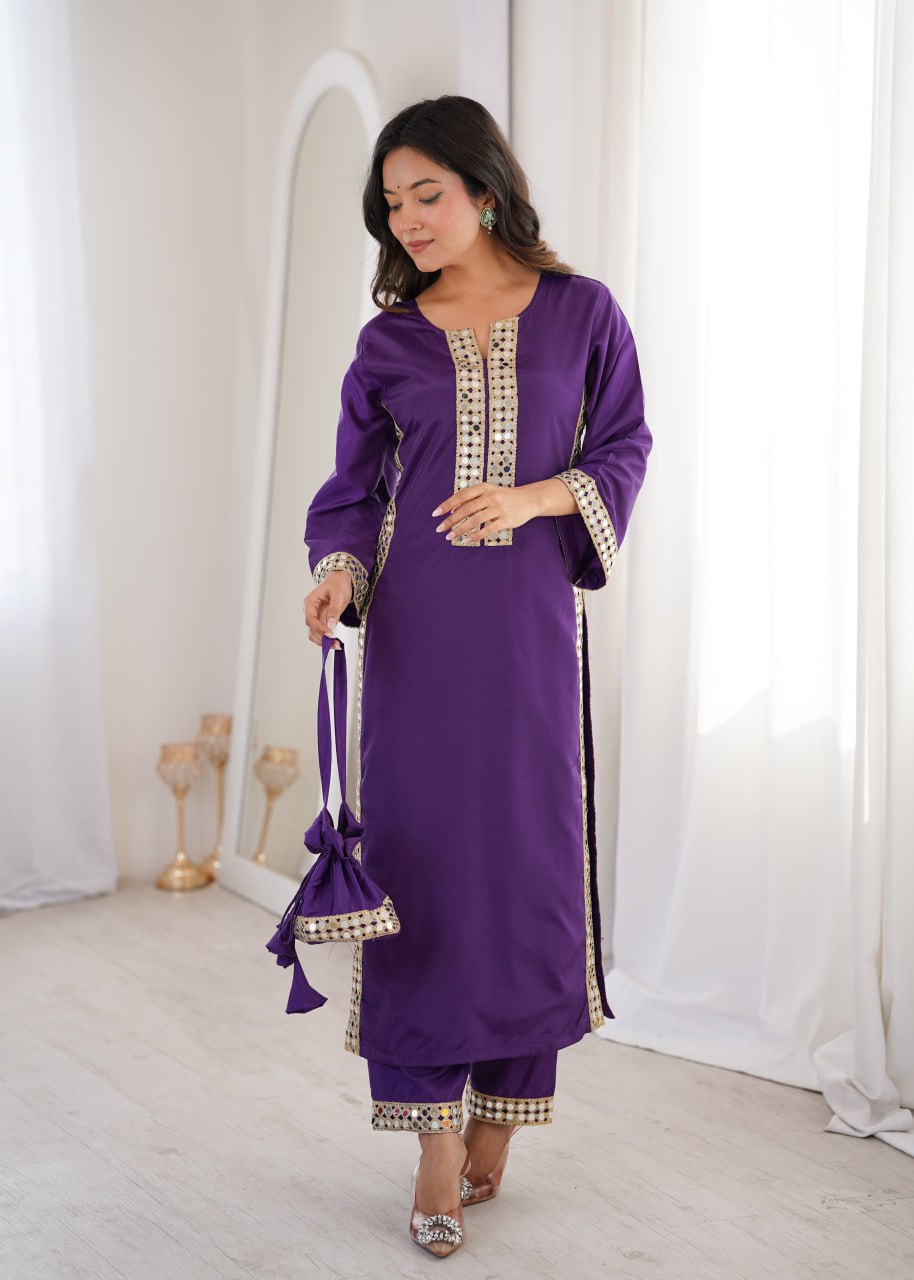 Premium Mirror Work Kurti Pant Set with Batwa | Festive Wear Outfit