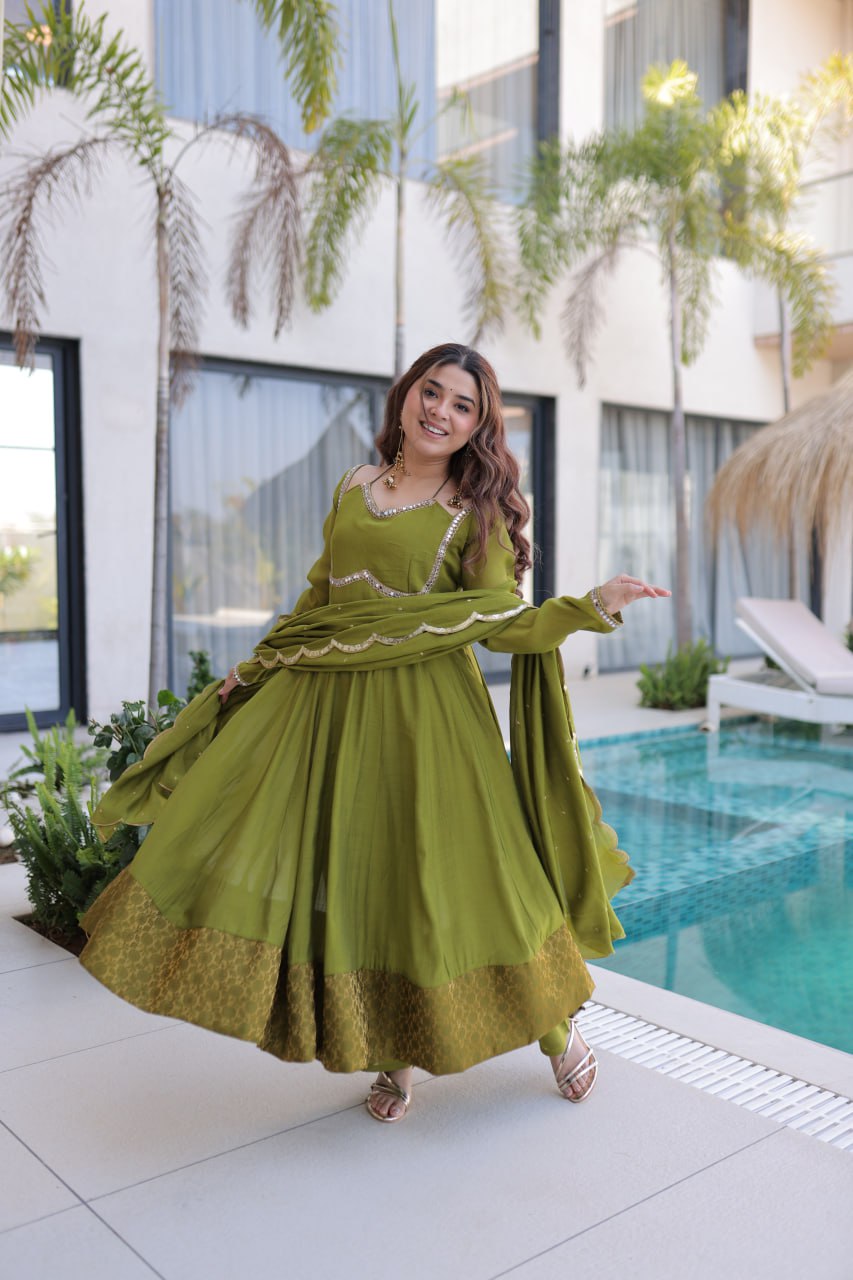 Premium Anarkali Pant Dupatta Set with Mirror Lace Work | Ethnic Outfit