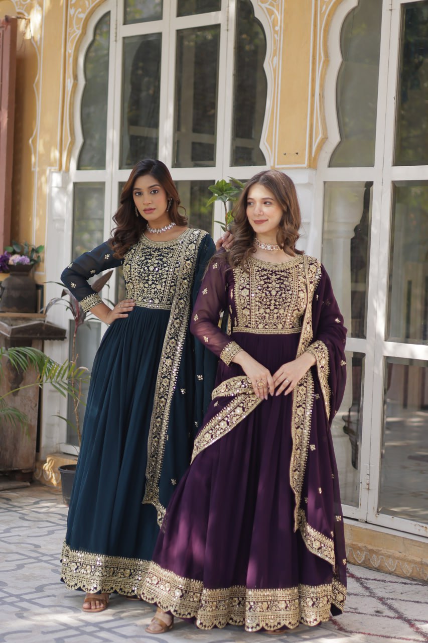 Premium Designer Faux Blooming Embroidered Gown With Dupatta