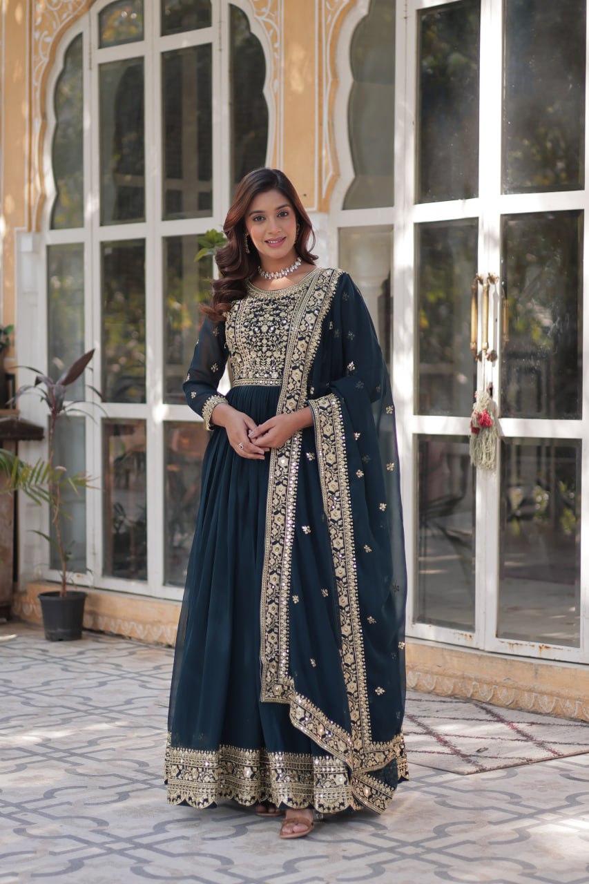 Premium Designer Faux Blooming Embroidered Gown With Dupatta