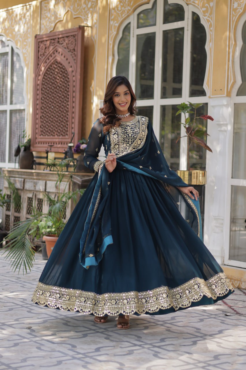 Premium Designer Faux Blooming Embroidered Gown With Dupatta