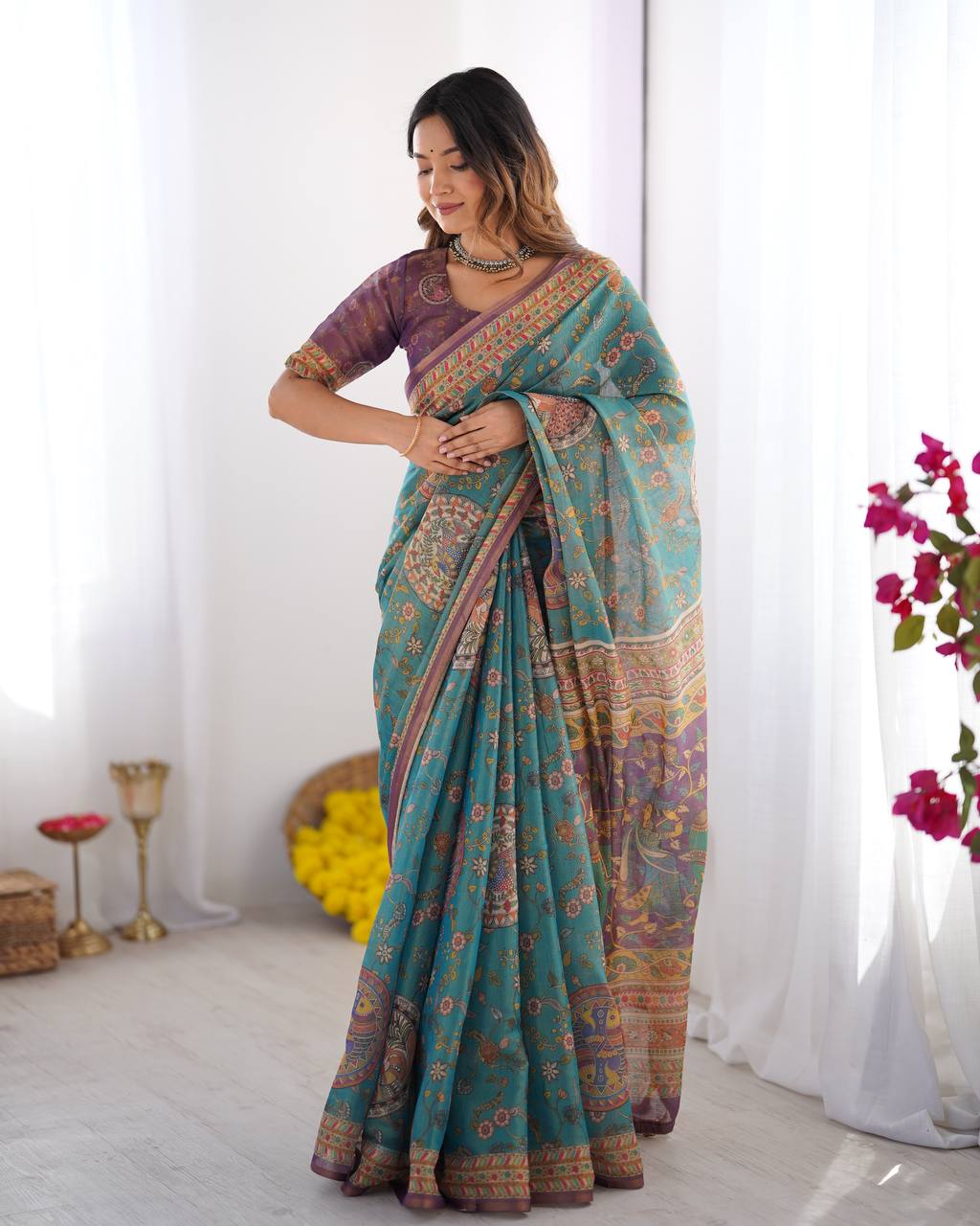 Designer Linen Cotton Floral Digital Print Saree with Blouse Piece