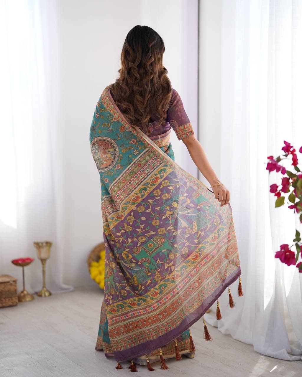 Designer Linen Cotton Floral Digital Print Saree with Blouse Piece