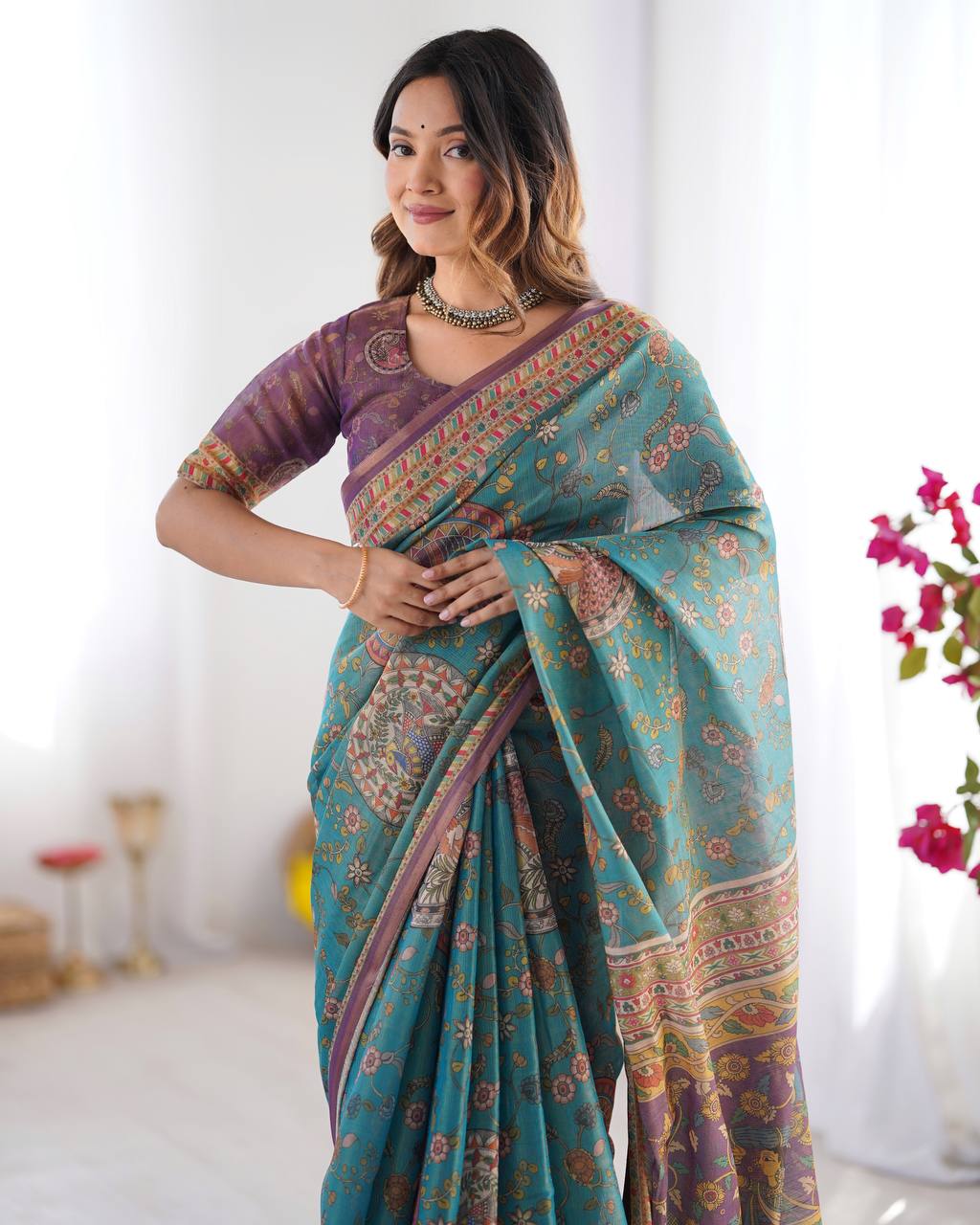 Designer Linen Cotton Floral Digital Print Saree with Blouse Piece