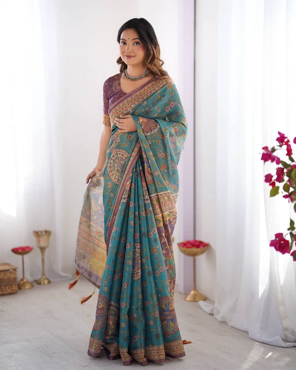 Designer Linen Cotton Floral Digital Print Saree with Blouse Piece