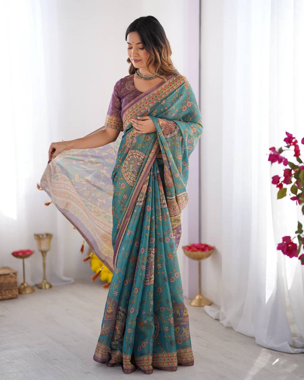 Designer Linen Cotton Floral Digital Print Saree with Blouse Piece