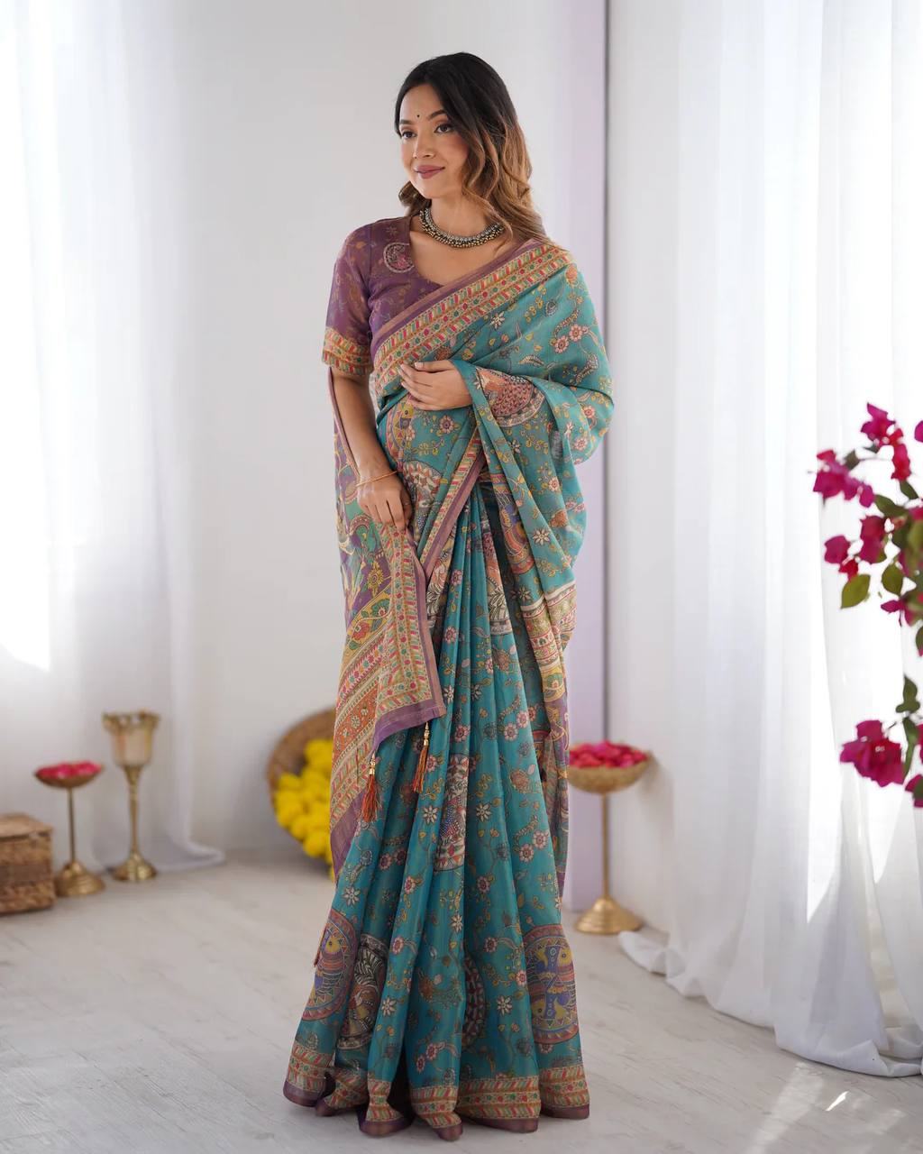 Designer Linen Cotton Floral Digital Print Saree with Blouse Piece