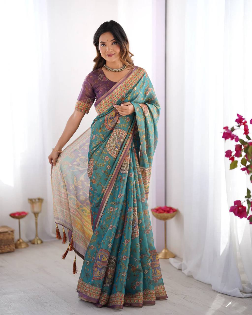 Designer Linen Cotton Floral Digital Print Saree with Blouse Piece
