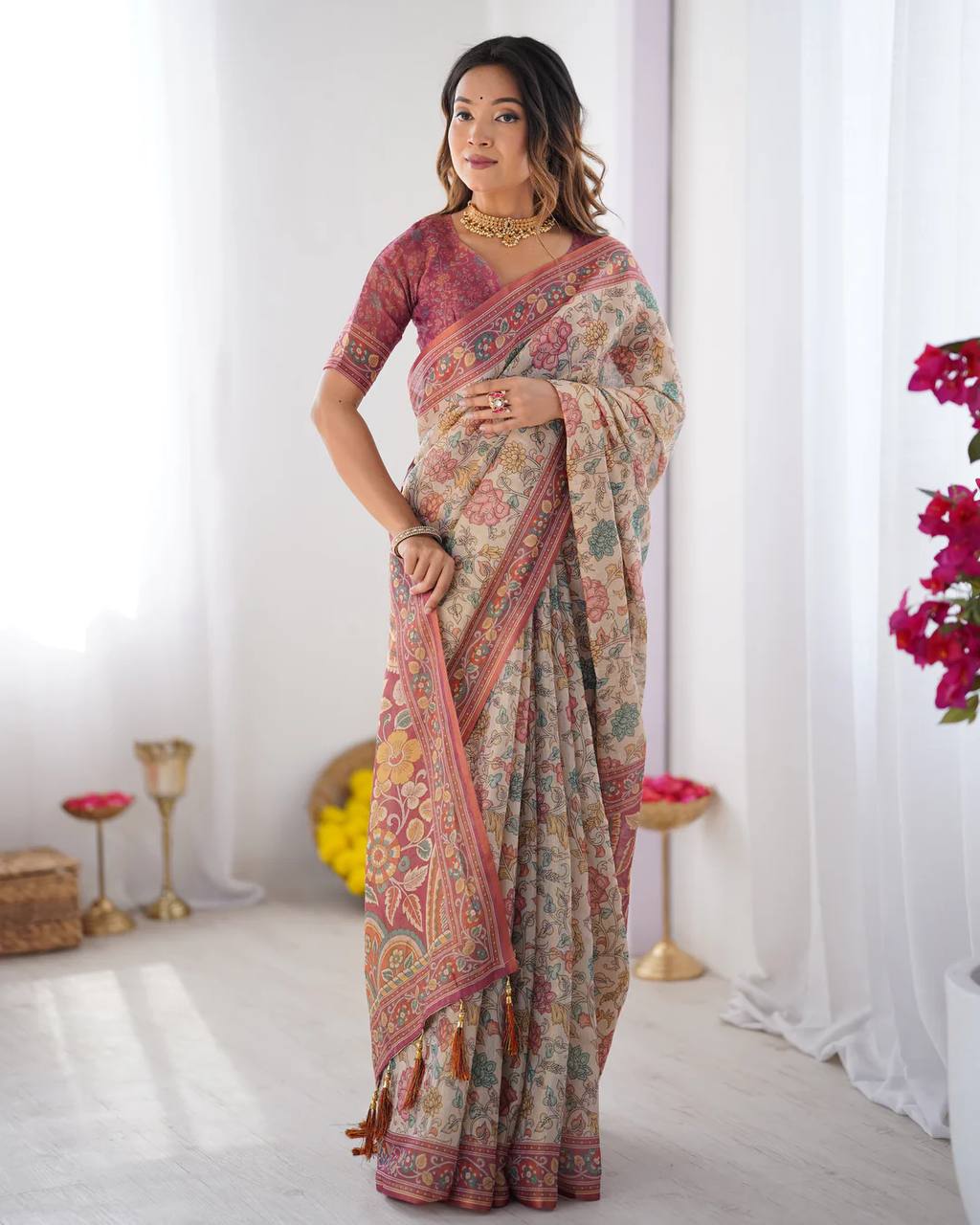 Premium Linen Cotton Floral Digital Print Saree with Blouse Piece