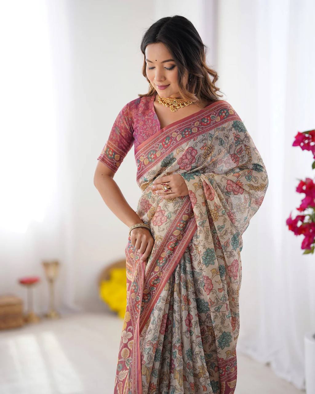 Premium Linen Cotton Floral Digital Print Saree with Blouse Piece
