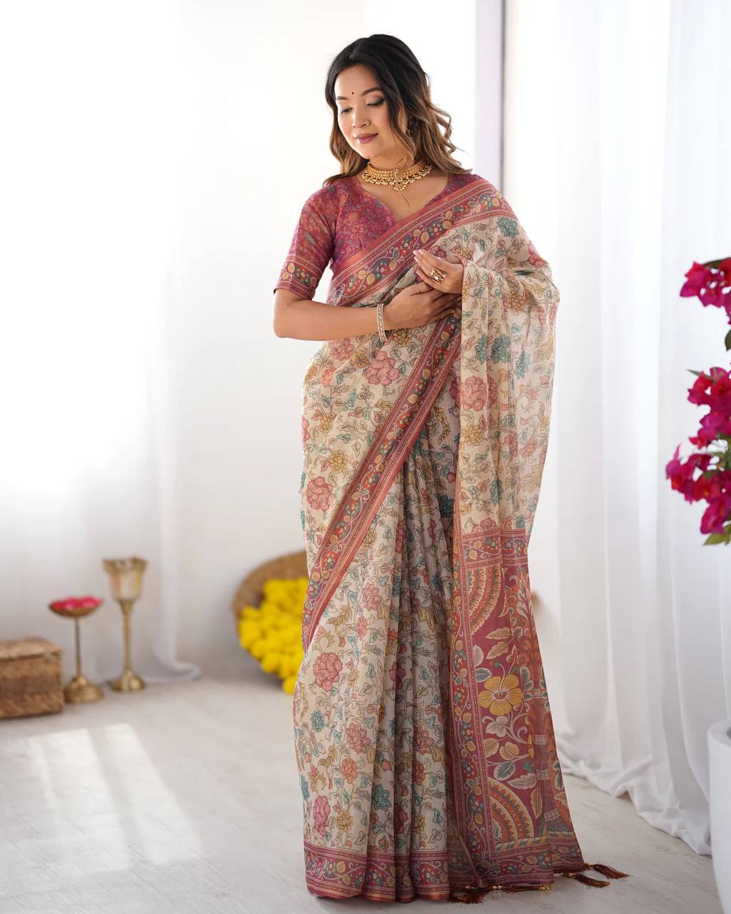 Premium Linen Cotton Floral Digital Print Saree with Blouse Piece