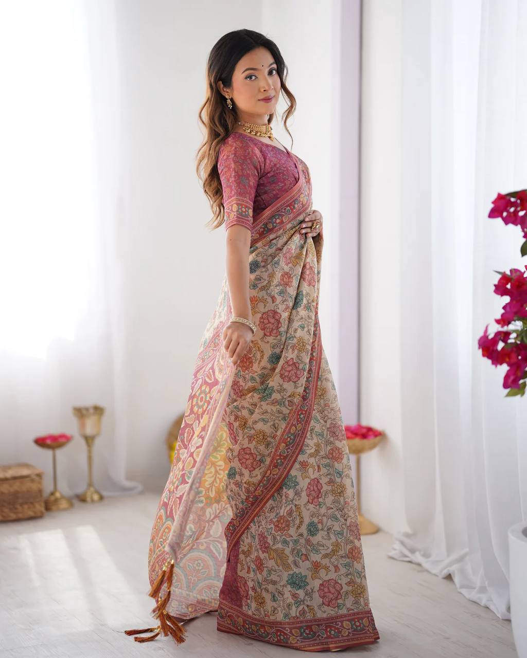 Premium Linen Cotton Floral Digital Print Saree with Blouse Piece