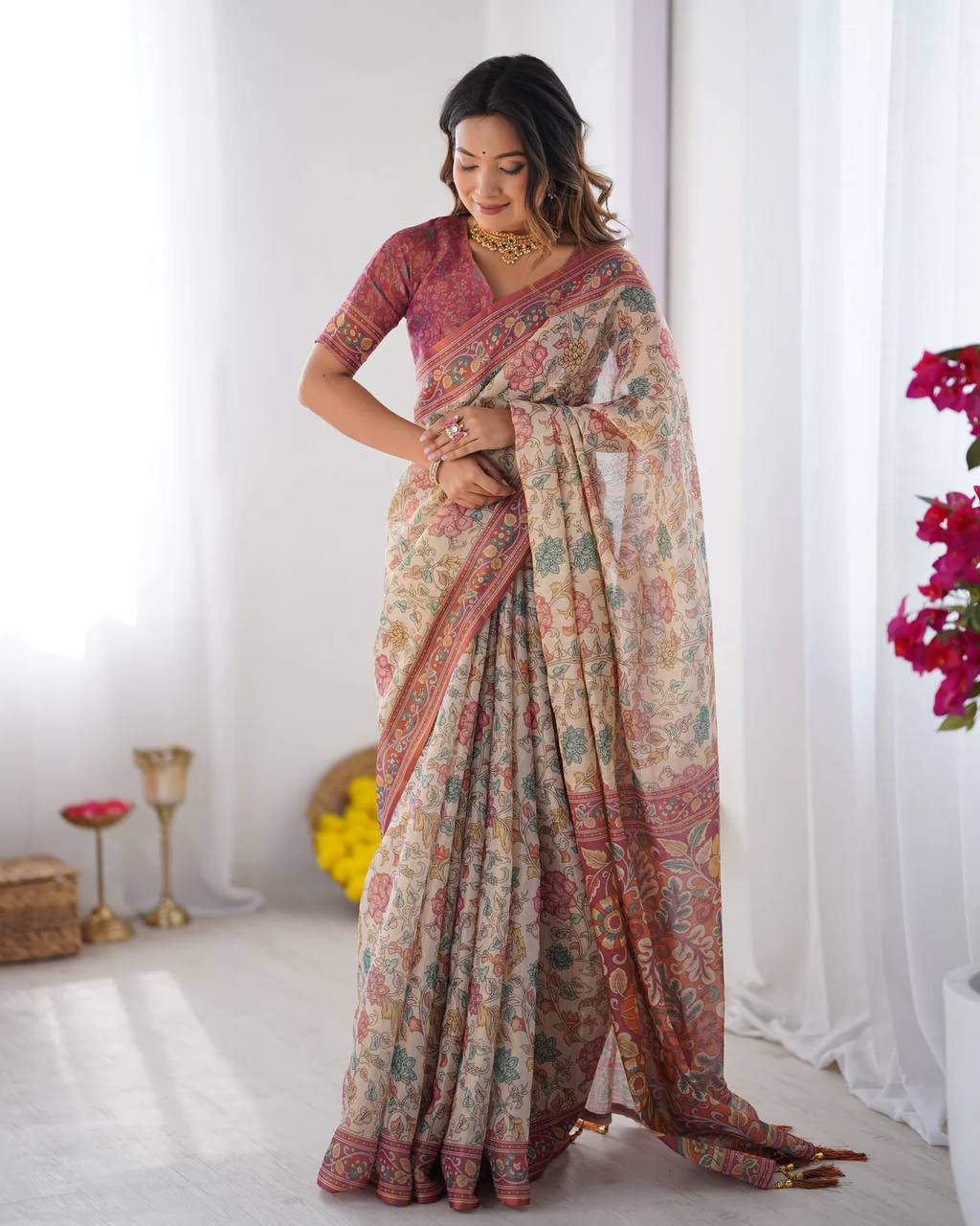 Premium Linen Cotton Floral Digital Print Saree with Blouse Piece