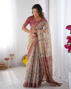 Premium Linen Cotton Floral Digital Print Saree with Blouse Piece