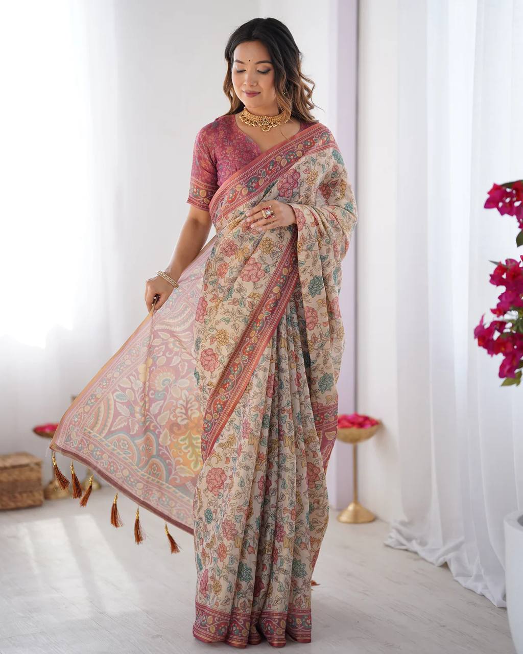 Premium Linen Cotton Floral Digital Print Saree with Blouse Piece